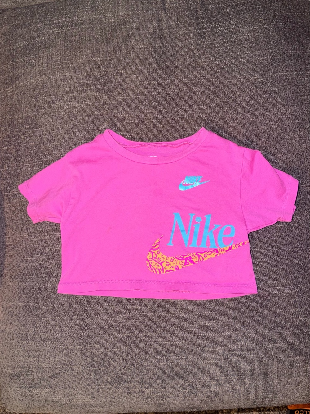 Nike Girls Hot Pink Crop Tee with Teal Logo and Patterned Swoosh